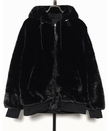 MMMM/フェイクファー×ナイロンワッシャー リバーシブルフーディー