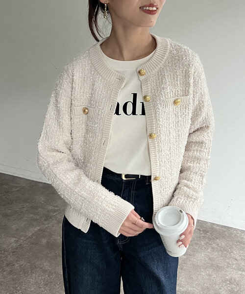 Chez toi（シェトワ）の「ツイードカーディガン（カーディガン/ボレロ・レディース・ブラック/グレイッシュベージュ/ネイビー・FREE）」の14枚目の写真