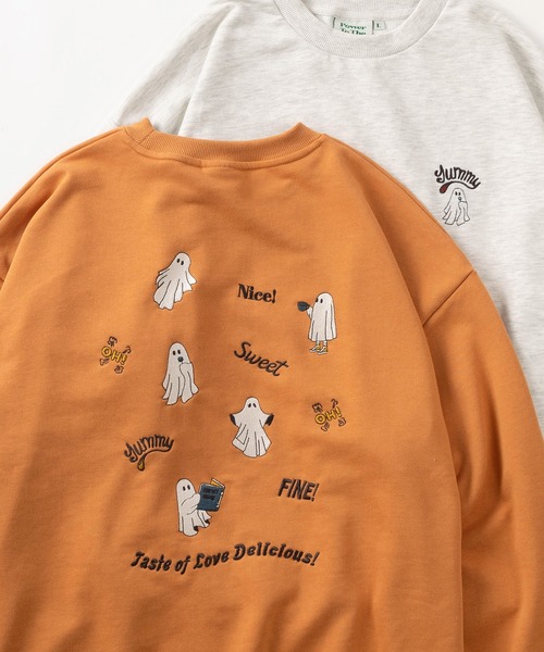 【セール】【Power To The People/パワー・トゥ・ザ・ピープル】「GHOSTS/DOGS」 ワンポイントロゴ刺繍＆ファニーイラスト バック刺繍デザイン クルーネックスウェット/トレーナー/ドロップショルダー/ 裏毛/ ユニセックス（スウェット）｜POWER TO THE PEOPLE（パワートゥーザピープル）