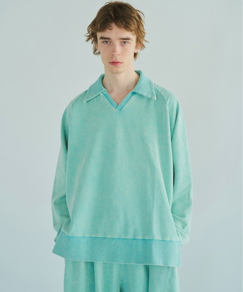 CAMPHOR WOOD(カンファーウッド)の「sunfade raglan sleeve collared sweat top / サンフェードラグランスリーブ襟付きスウェット(スウェット・メンズ・ターコイズブルー/ブラック・SMALL/MEDIUM/LARGE)」の1枚目の写真
