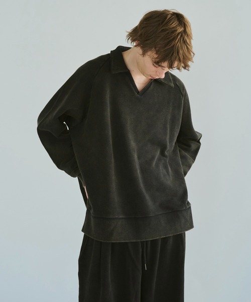 CAMPHOR WOOD(カンファーウッド)の「sunfade raglan sleeve collared sweat top / サンフェードラグランスリーブ襟付きスウェット(スウェット・メンズ・ターコイズブルー/ブラック・SMALL/MEDIUM/LARGE)」の6枚目の写真