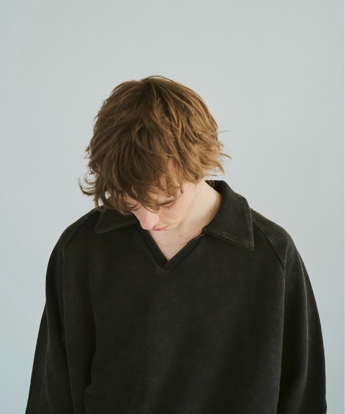 U.R.C.A. サンフェード 前V ラグランスリーブ スウェット イタリア製 sunfade raglan sleeve collared sweat top / サンフェード