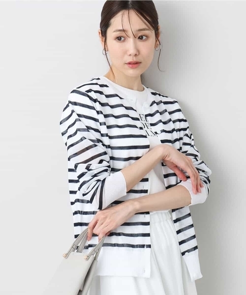 MK MICHEL KLEIN(エムケーミッシェルクラン)の「シアーボーダーニットカーディガン/洗える(カーディガン/ボレロ・レディース・アクア/オレンジ/ネイビー・38)」の2枚目の写真