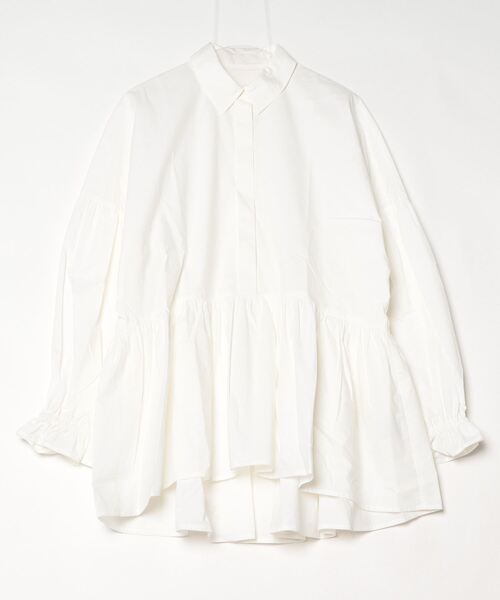 マルチサイズ ブラウス シャツ シャツ衿ギャザーチュニックブラウス レディース マルチサイズ ブラウス シャツ シャツ衿ギャザーチュニック