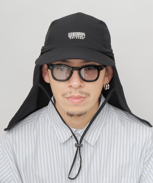UNIVERSAL OVERALL(ユニバーサルオーバーオール)の「非フッ素撥水加工 ストレッチナイロン 2WAY サンシェード付き ビッグバイザー ジェットキャップ(キャップ・メンズ・ブラック・FREE)」の5枚目の写真