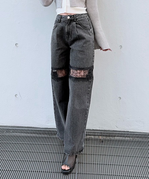 NOMAE（ノーマエ）の「レーススイッチングデニム（デニムパンツ・レディース・サックスブルー/ブラック・MEDIUM/SMALL）」の2枚目の写真