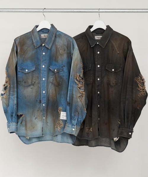 DISCOVERED（ディスカバード）の「DISCOVERED CRASH DENIM SHIRTS（シャツ/ブラウス・メンズ・インディゴブルー/ブラック・1/2/3）」の2枚目の写真