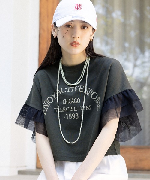 RAGEBLUE（レイジブルー）の「ﾁｭｰﾙｿﾃﾞﾌﾟﾘﾝﾄT/SS（Tシャツ/カットソー・レディース・グレー系2/ブラック系9/ブラック系8/グレー系3・SMALL/MEDIUM）」の2枚目の写真
