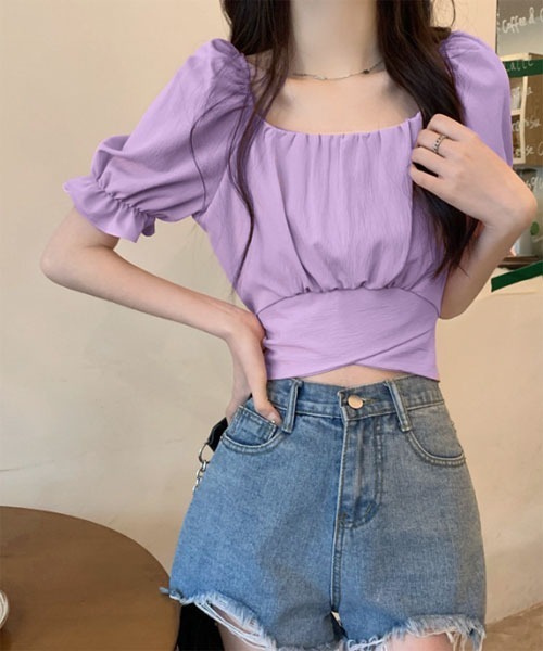 Mayree（メイリー）の「【Mayree】ワッシャー オフショルダー バルーン 半袖 ブラウス（シャツ/ブラウス・レディース・ピンク/ホワイト/パープル/ブルー/ブラック・SMALL/MEDIUM/LARGE）」の4枚目の写真