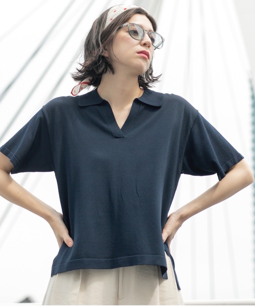 OPAQUE.CLIP（オペークドットクリップ）の「スキッパーニット【UV/接触冷感/抗ピル/洗濯機洗い可】（ニット/セーター・レディース・ホワイト/ネイビー/ブラウン系その他/レッド系1・38/40/42）」の3枚目の写真