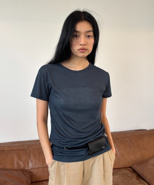 ヨリ ハーフスリーブフリルカットソー ヘムペプラム F ストライプ Tシャツ セール】【綿100％】フリルスリーブ プリントTシャツ（Tシャツ