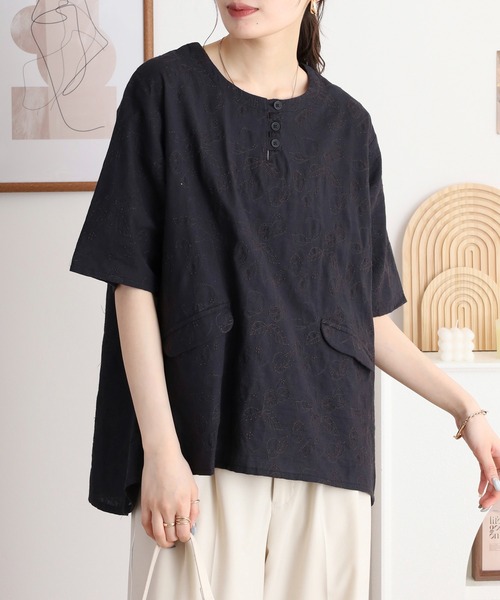 EMAGO レモンとオレンジ総柄刺繍ブラウス（シャツ/ブラウス