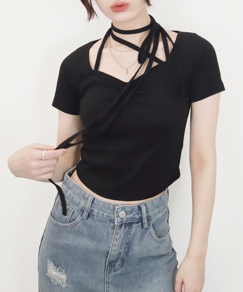 Reurie'(レウリィ)の「【ZOZO限定】リブチョーカートップ/rib choker top 半袖 カットソー リボン ホワイト グレー ブラック アレンジ カジュアル(Tシャツ/カットソー・レディース・グレー/ブラック/ホワイト・FREE)」の7枚目の写真