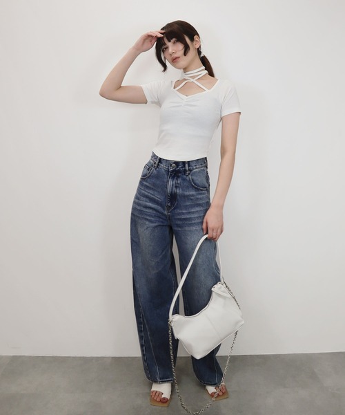 Reurie'(レウリィ)の「【ZOZO限定】リブチョーカートップ/rib choker top 半袖 カットソー リボン ホワイト グレー ブラック アレンジ カジュアル(Tシャツ/カットソー・レディース・グレー/ブラック/ホワイト・FREE)」の10枚目の写真