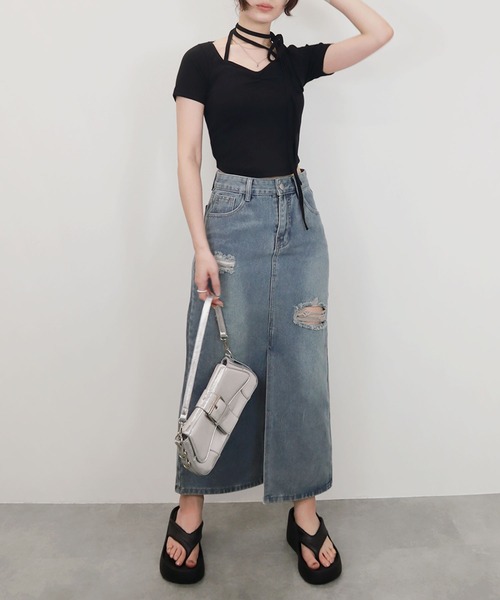 Reurie'(レウリィ)の「【ZOZO限定】リブチョーカートップ/rib choker top 半袖 カットソー リボン ホワイト グレー ブラック アレンジ カジュアル(Tシャツ/カットソー・レディース・グレー/ブラック/ホワイト・FREE)」の19枚目の写真