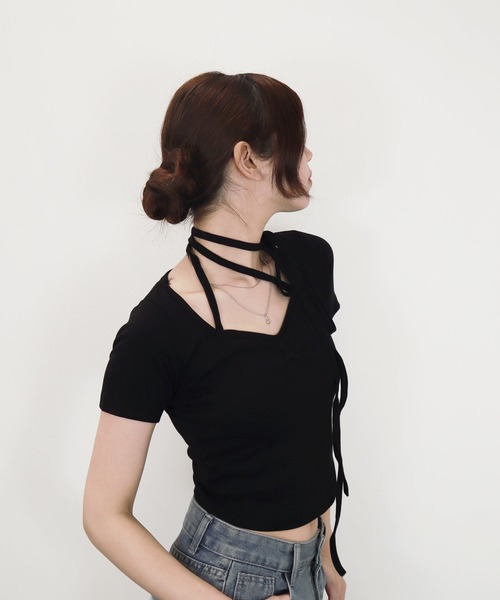 Reurie'(レウリィ)の「【ZOZO限定】リブチョーカートップ/rib choker top 半袖 カットソー リボン ホワイト グレー ブラック アレンジ カジュアル(Tシャツ/カットソー・レディース・グレー/ブラック/ホワイト・FREE)」の21枚目の写真