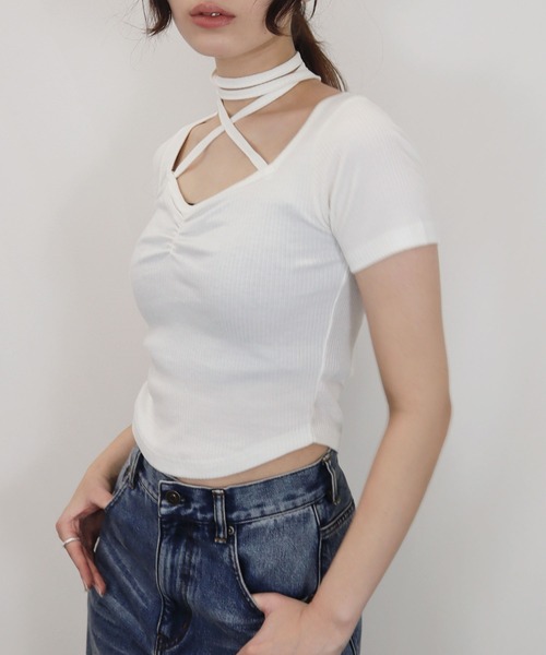 Reurie'(レウリィ)の「【ZOZO限定】リブチョーカートップ/rib choker top 半袖 カットソー リボン ホワイト グレー ブラック アレンジ カジュアル(Tシャツ/カットソー・レディース・グレー/ブラック/ホワイト・FREE)」の22枚目の写真