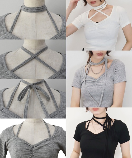 Reurie'(レウリィ)の「【ZOZO限定】リブチョーカートップ/rib choker top 半袖 カットソー リボン ホワイト グレー ブラック アレンジ カジュアル(Tシャツ/カットソー・レディース・グレー/ブラック/ホワイト・FREE)」の4枚目の写真