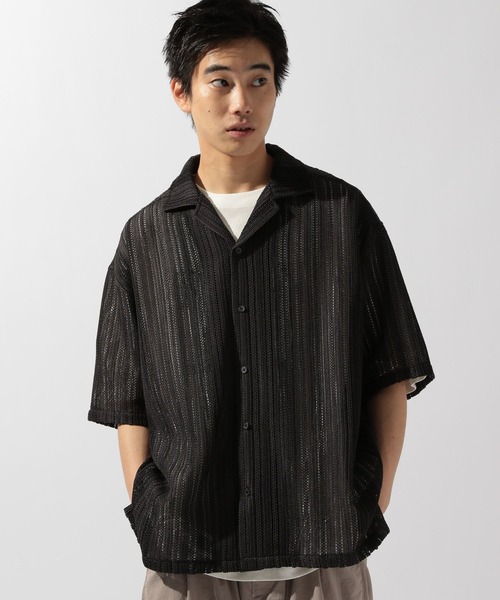 HIAND ハイアンド チュールシャツ　ブラック 無地透かし柄シャツ（シャツ/ブラウス）｜niko and