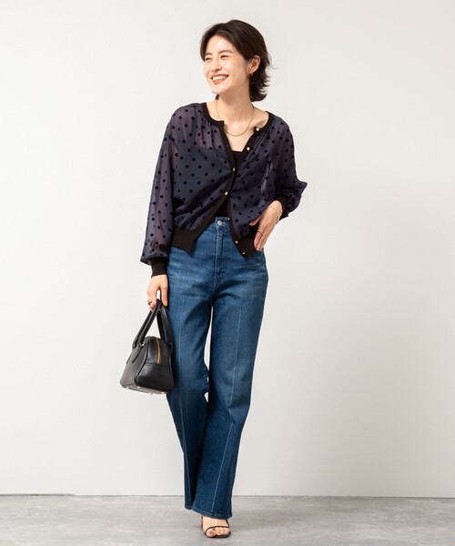 新品　ノーリーズ　シアーフロッキードット柄クルーネックカーディガン　ネイビー セール】シアーフロッキードットクルーネックカーディガン