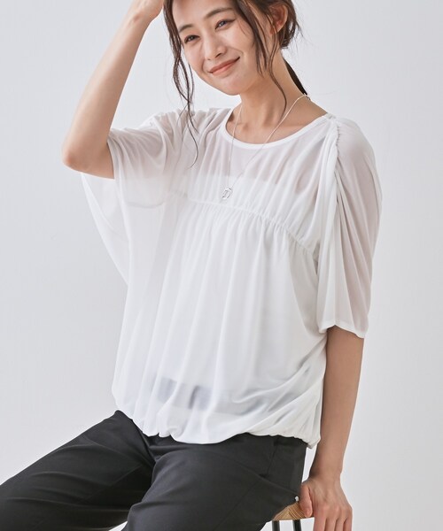 インディヴィ（INDIVI）/【洗える／体型カバー】シャーリングシアートップス セール】【洗える／体型カバー】シャーリングシアートップス（Tシャツ