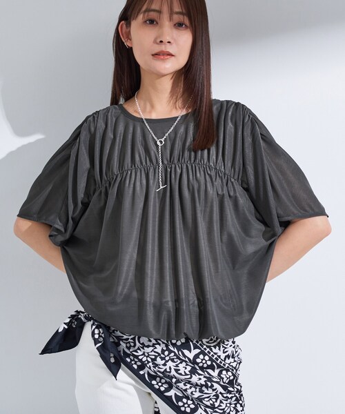 セール】【洗える／体型カバー】シャーリングシアートップス（Tシャツ