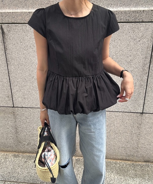 ブラウス シャツ バルーンペプラムブラウス(chiica select) / Tシャツ カットソー 半袖 インナー フレンチスリーブ クルーネック ラ セール】バルーンペプラムブラウス(chiica select) / Tシャツ