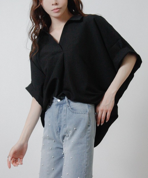 Social GIRL(ソーシャルガール)の「シアサッカースキッパーブラウス(シャツ/ブラウス・レディース・ブラック/グレイッシュベージュ/オフホワイト・M)」の2枚目の写真