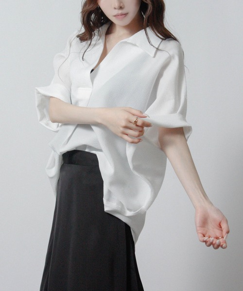 Social GIRL(ソーシャルガール)の「シアサッカースキッパーブラウス(シャツ/ブラウス・レディース・ブラック/グレイッシュベージュ/オフホワイト・M)」の5枚目の写真