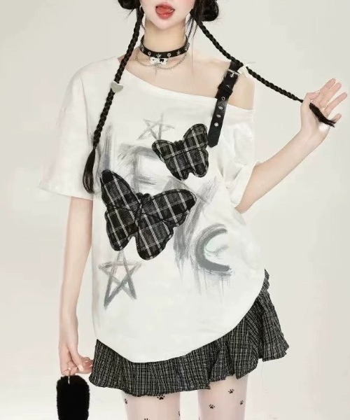 tシャツ A'GEM/9 × .kom 「.KOM/ドットケーオーエム」 グランジバタフライショルダーストラップTシャツ レディース A'GEM/9 × .kom 『.KOM/ドットケーオーエム』 グランジ