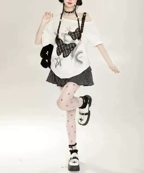 tシャツ A'GEM/9 × .kom 「.KOM/ドットケーオーエム」 グランジバタフライショルダーストラップTシャツ レディース A'GEM/9 × .kom 『.KOM/ドットケーオーエム』 グランジ