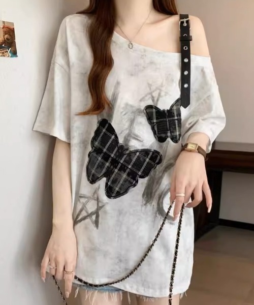 tシャツ A'GEM/9 × .kom 「.KOM/ドットケーオーエム」 グランジバタフライショルダーストラップTシャツ レディース A'GEM/9 × .kom 『.KOM/ドットケーオーエム』 グランジ