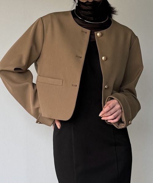 新品　アニュアンス　ブラウン ノーカラージャケット ボタン付き N.s ジャケット ノーカラージャケット ゴールドボタンノーカラー