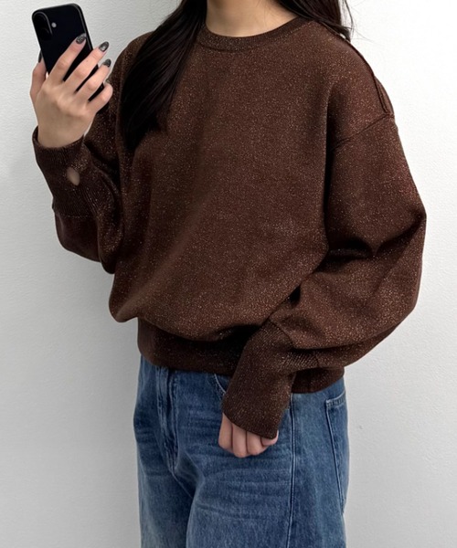UNDOVE(アンドゥーブ)の「UNDOVE スエットライクラメニットプルオーバー 【ニットスエット/スエット/ラメ/指穴付/UV/アンチピリング/抗ピル/毛玉になりにくい/ウォッシャブ/洗濯機OK/】(スウェット・レディース・ブラウン/杢グレー/ブラック・MEDIUM/LARGE/X-LARGE)」の14枚目の写真