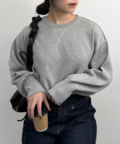 UNDOVE(アンドゥーブ)の「UNDOVE スエットライクラメニットプルオーバー 【ニットスエット/スエット/ラメ/指穴付/UV/アンチピリング/抗ピル/毛玉になりにくい/ウォッシャブ/洗濯機OK/】(スウェット・レディース・ブラウン/杢グレー/ブラック・MEDIUM/LARGE/X-LARGE)」の12枚目の写真