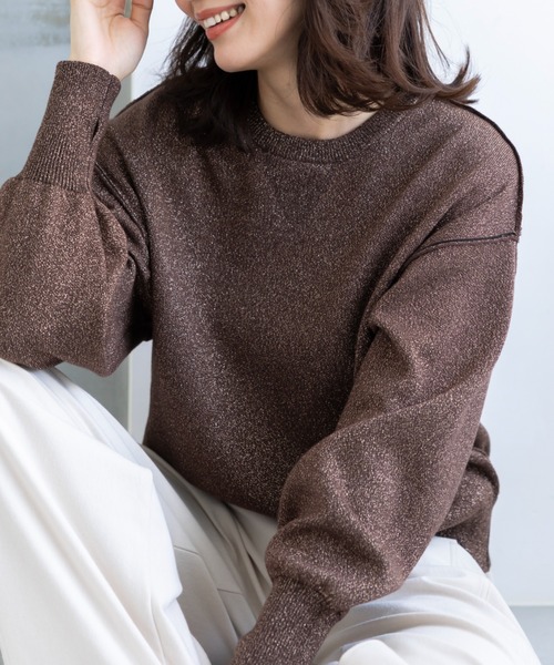 UNDOVE(アンドゥーブ)の「UNDOVE スエットライクラメニットプルオーバー 【ニットスエット/スエット/ラメ/指穴付/UV/アンチピリング/抗ピル/毛玉になりにくい/ウォッシャブ/洗濯機OK/】(スウェット・レディース・ブラウン/杢グレー/ブラック・MEDIUM/LARGE/X-LARGE)」の19枚目の写真