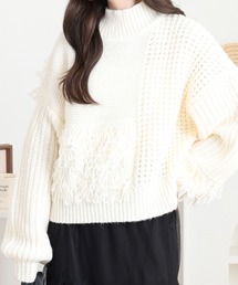 編地切り替えフリンジハイネックニット