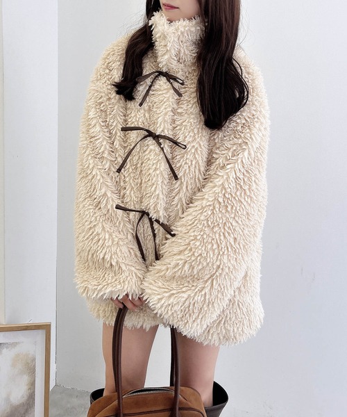 INGNI（イング）の「リボン取り外しスタンドボアブルゾン（ブルゾン・レディース・アイボリー/ブラック/ベージュ・M）」の3枚目の写真