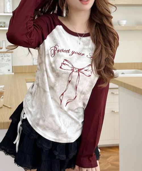 Ada.(エイダ)の「Y2K サイドシャーリング リボン デザイン ラグラン ロンT(Tシャツ/カットソー・レディース・ネイビー/レッド/ブラック/グレー・FREE)」の7枚目の写真