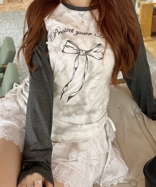 Ada.(エイダ)の「Y2K サイドシャーリング リボン デザイン ラグラン ロンT(Tシャツ/カットソー・レディース・ネイビー/レッド/ブラック/グレー・FREE)」の14枚目の写真