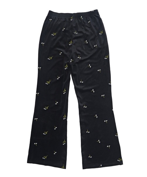 セール】ベロア刺繍パンツ / ベロア 花柄 刺繍 フレアパンツ イージー