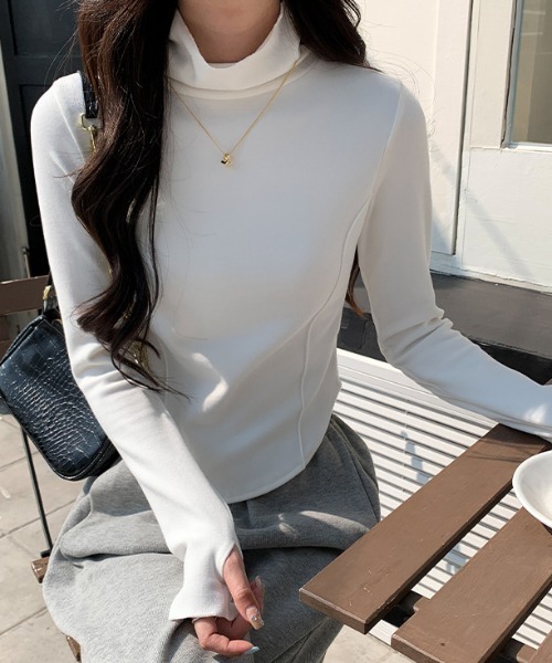Teem Store(チームストア)の「シンプルフリルハイネックカットソー(Tシャツ/カットソー・レディース・グレー/ブラック/ホワイト・F)」の6枚目の写真