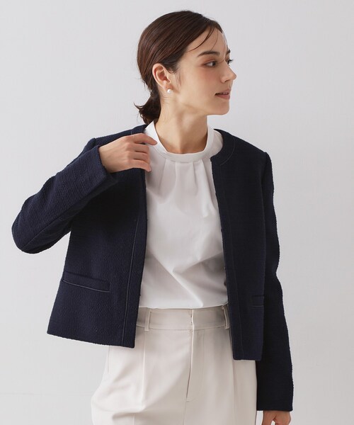 OPAQUE.CLIP（オペークドットクリップ）の「≪通勤・セレモニー対応≫ コットンツイードジャケット（ノーカラージャケット・レディース・ネイビー/オフホワイト/ブラック系3・42/40/38/36）」の3枚目の写真