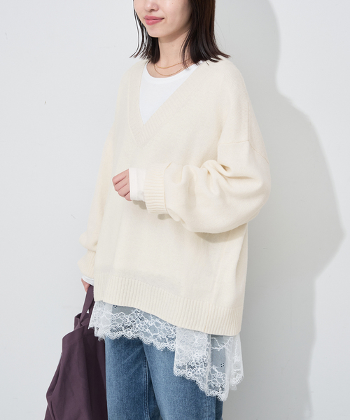 SLOBE IENA（スローブイエナ）の「Vネックルーズニットプルオーバー（ニット/セーター・レディース・チャコールグレー/ホワイト/ブルー・FREE）」の16枚目の写真