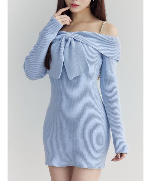 EATME(イートミー)の「フロントリボンタイトワンピース(ワンピース・レディース・ブルー/チャコールグレー/アイボリー・FREE)」の1枚目の写真