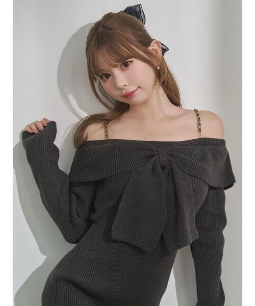 EATME(イートミー)の「フロントリボンタイトワンピース(ワンピース・レディース・ブルー/チャコールグレー/アイボリー・FREE)」の4枚目の写真