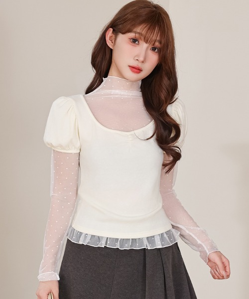 Anely(アネリー)の「ドット柄 シアー レイヤード トップス 2点セット(Tシャツ/カットソー・レディース・グレー/アイボリー/ピンク・FREE)」の2枚目の写真
