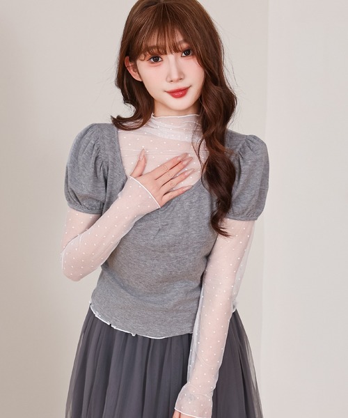Anely(アネリー)の「ドット柄 シアー レイヤード トップス 2点セット(Tシャツ/カットソー・レディース・グレー/アイボリー/ピンク・FREE)」の14枚目の写真