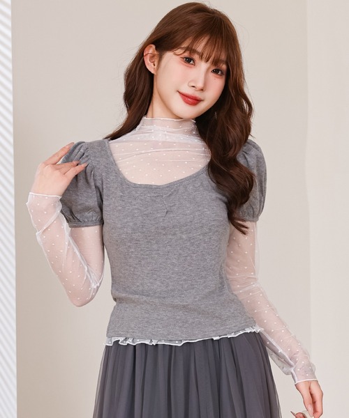 Anely(アネリー)の「ドット柄 シアー レイヤード トップス 2点セット(Tシャツ/カットソー・レディース・グレー/アイボリー/ピンク・FREE)」の15枚目の写真