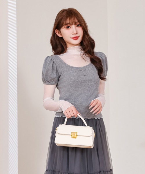 Anely(アネリー)の「ドット柄 シアー レイヤード トップス 2点セット(Tシャツ/カットソー・レディース・グレー/アイボリー/ピンク・FREE)」の17枚目の写真